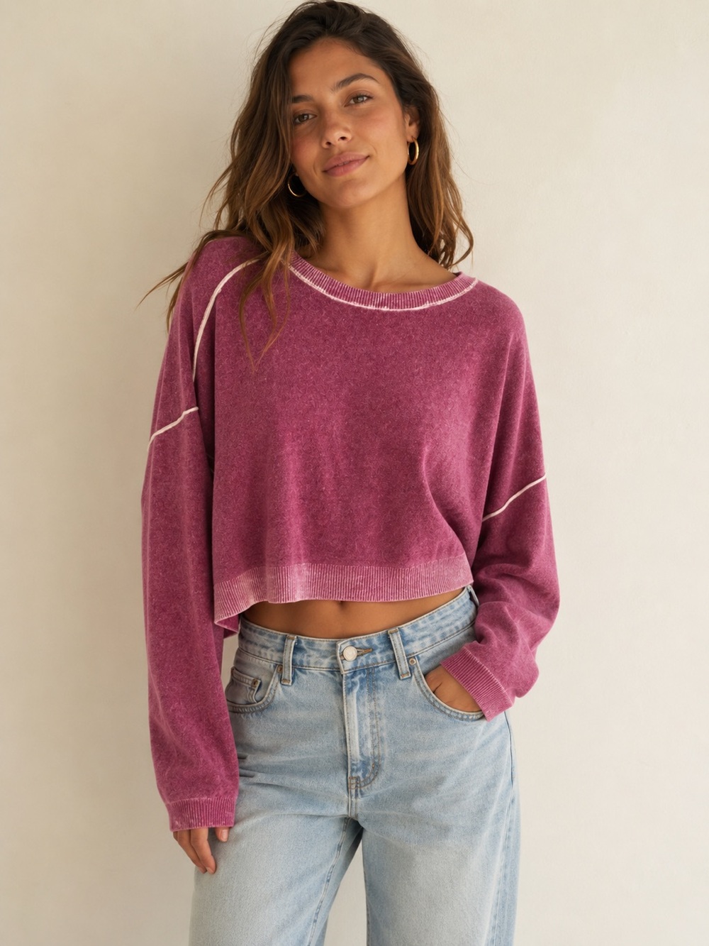 Pilcro Cropped Crewneck Sweater in Berry size Large